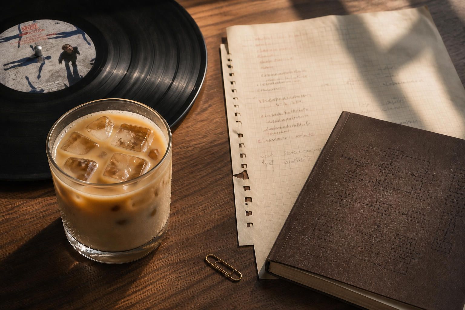 A vinyl record, iced latte, handwritten workflow notes and a notebook on a walnut desk